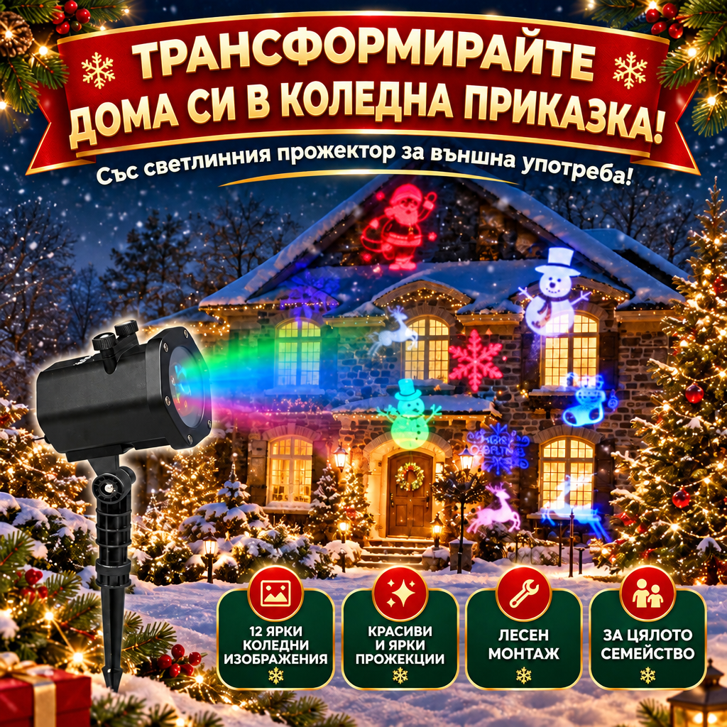 Коледен LED Проектор с 12 Сменяеми Слайда – Коледна Магия™